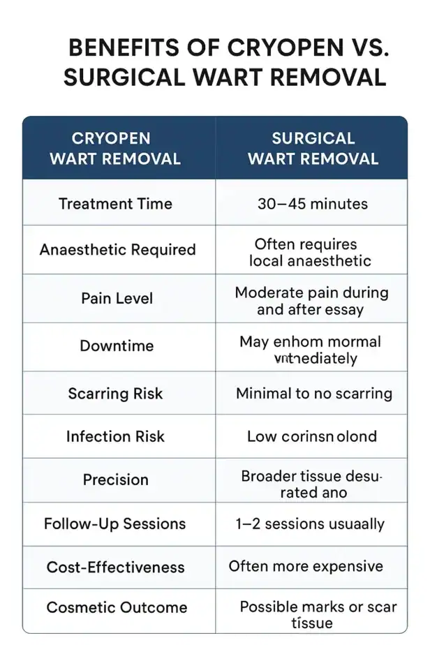 Table showing the benefits of cryopen to remove warts Suffolk compared to surgical treatment